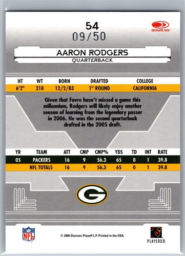 2006 Leaf Certified Materials Aaron Rodgers Mirror Blue 09/50 Green Bay Packers - Picture 2 of 2
