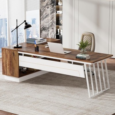 71-Inch Executive Desk L-Shaped Desk W/ Cabinet Large Office Desk W/ Drawers &