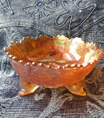 FENTON Early 1900s Twig Tri Footed Marigold Carnival Glass Leaf Tier Bowl