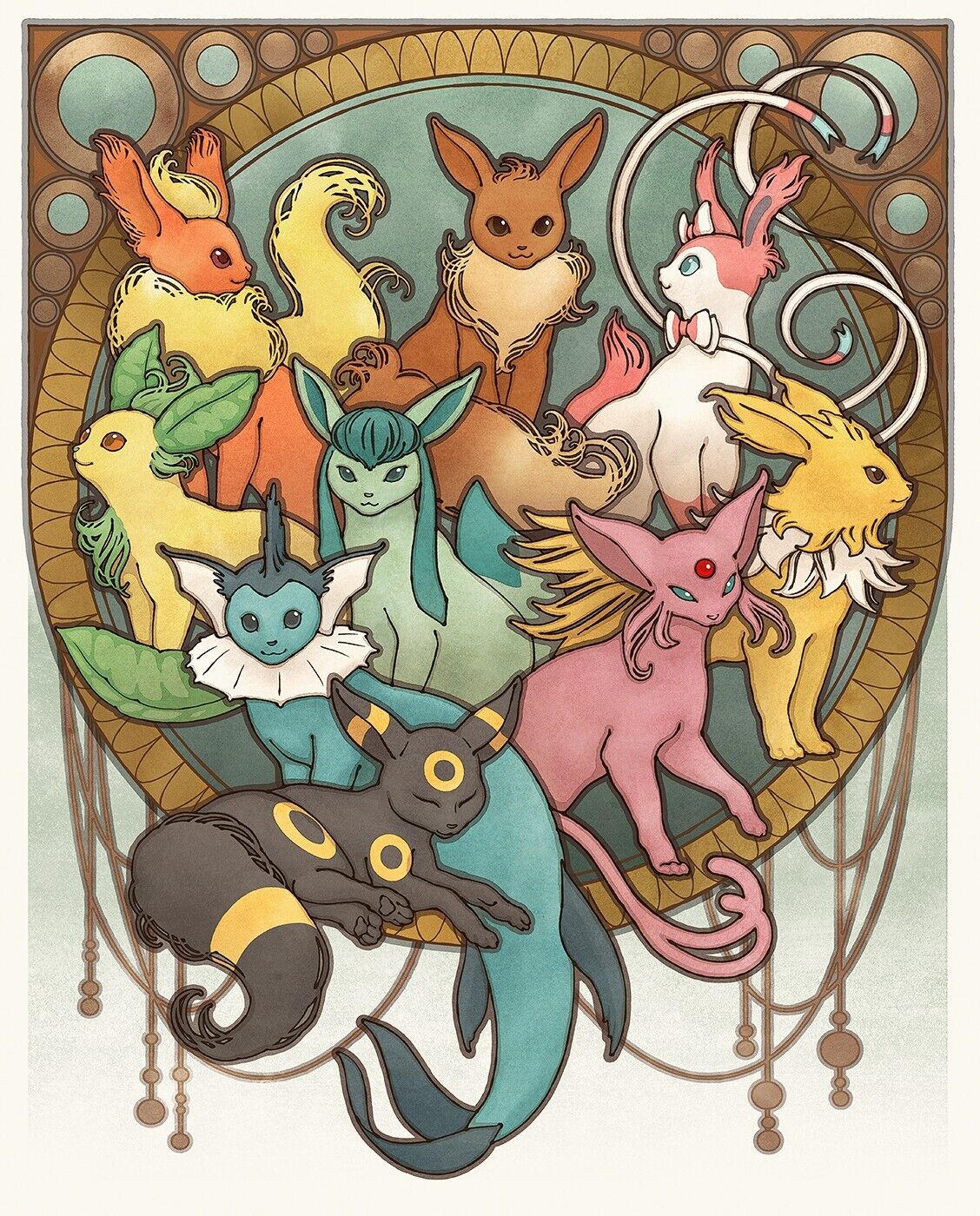 Pokemon Eevee Evolutions European Art Nouveau Poster Print 16x20 Mondo