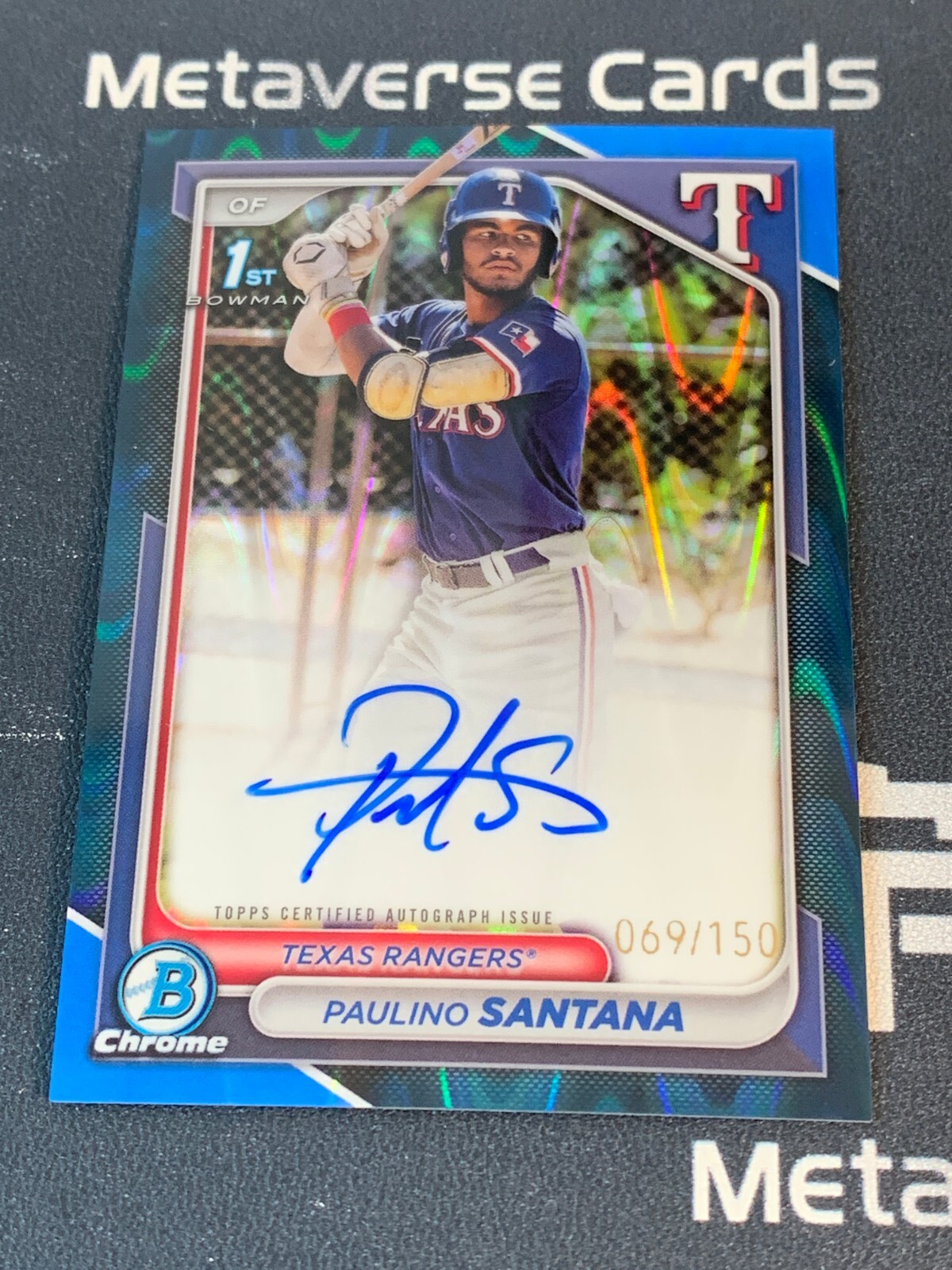 2024 Bowman Chrome Paulino Santana 1st Prospects Auto Blue Raywave /150