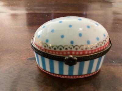 Lisbeth Dahl Trinket Ring  Box Dots Strips Blue Red gold Trim