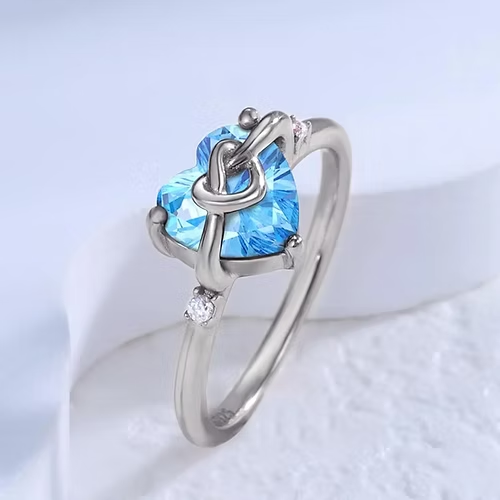 Anello donna nodo cuore in argento sterling 925 con zircone blu al centro - Foto 4 di 5