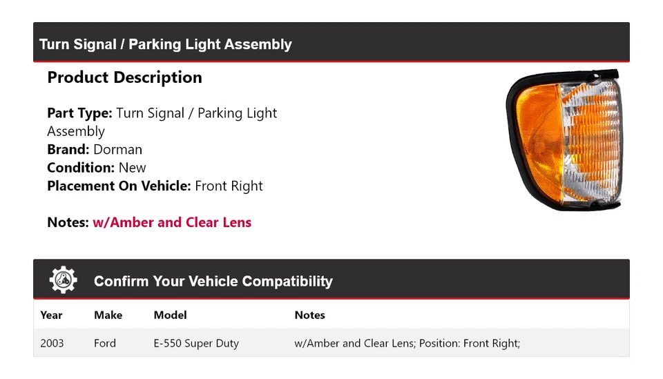 Conjunto de luz de giro/estacionamiento delantera derecha Ford E-550 Super Duty Dorman 2003 Foto 2 de 4