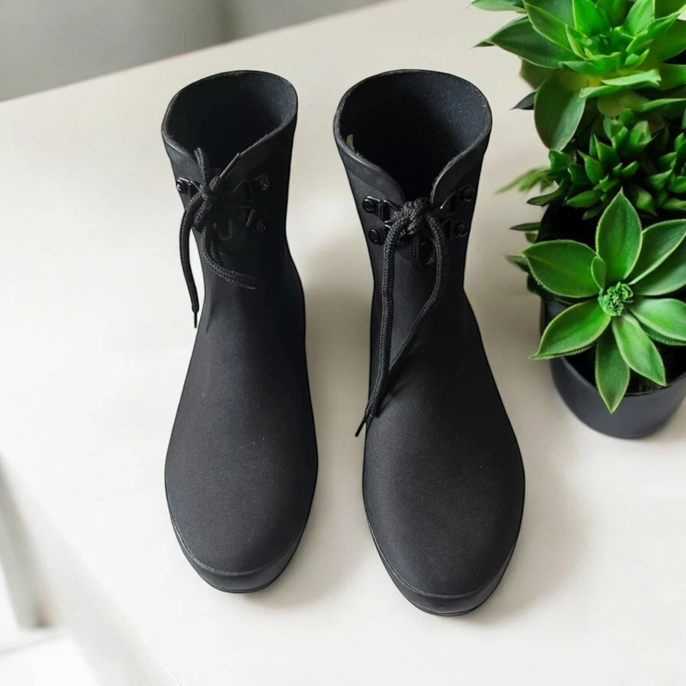 Henry Ferrera Botas de Lluvia Neopreno Negras Cordones Lazos Sobre el Tobillo Lluvia Mujeres Talla 9 Foto 2 de 4