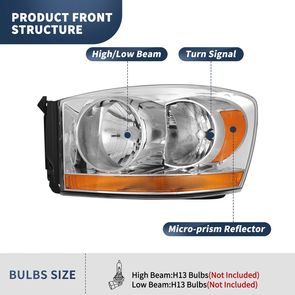 Headlights For 2006-2008 Dodge Ram 1500 2500 3500 Amber Cab Model Chrome Housing - Изображение 3 из 4
