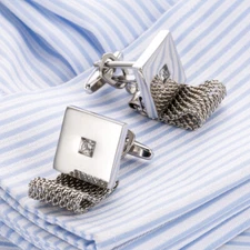 Square Silver Wrap Wedding Stone Cufflinks Chain Cuff Links Around Mesh Pair