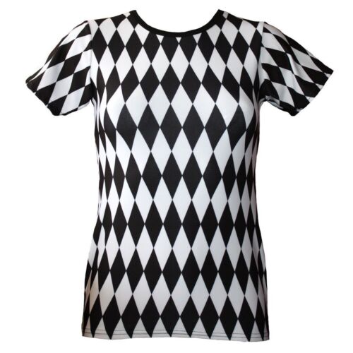 Women's Black And White Harlequin Diamonds Print Crew Neck T-Shirt Top Size 8-22 - Picture 1 of 4