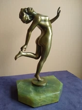 Original 1920's Art Deco Bronze on Green Stone Base. Women in Pose.