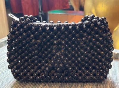 Mid Century Modern Small Black Beaded Purse ''A Tara Original'' Made in Hong Kong