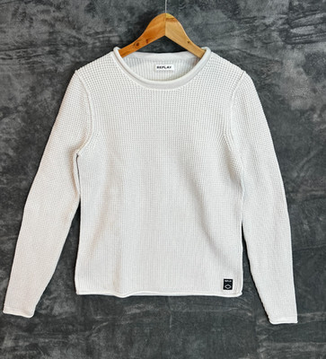 Replay Waffle Knit Jumper Cream White Cotton Sweater Mens Size Small