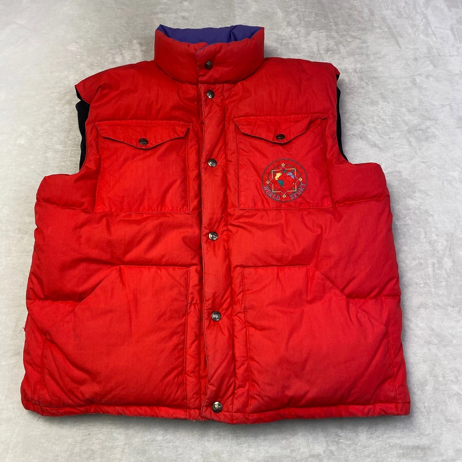 Vintage Red Puffer Vest World Sports Embroidered Logo Down Insulated Reversible