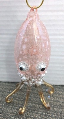 Pink Squid Glass Christmas Ornament  5.5'' Gold & Pearl Accents Beach Calamari