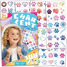 CHARLENT 108 PCS Glitter Cute Paw Print Pre-Cut Temporary Tattoos for Kids ...