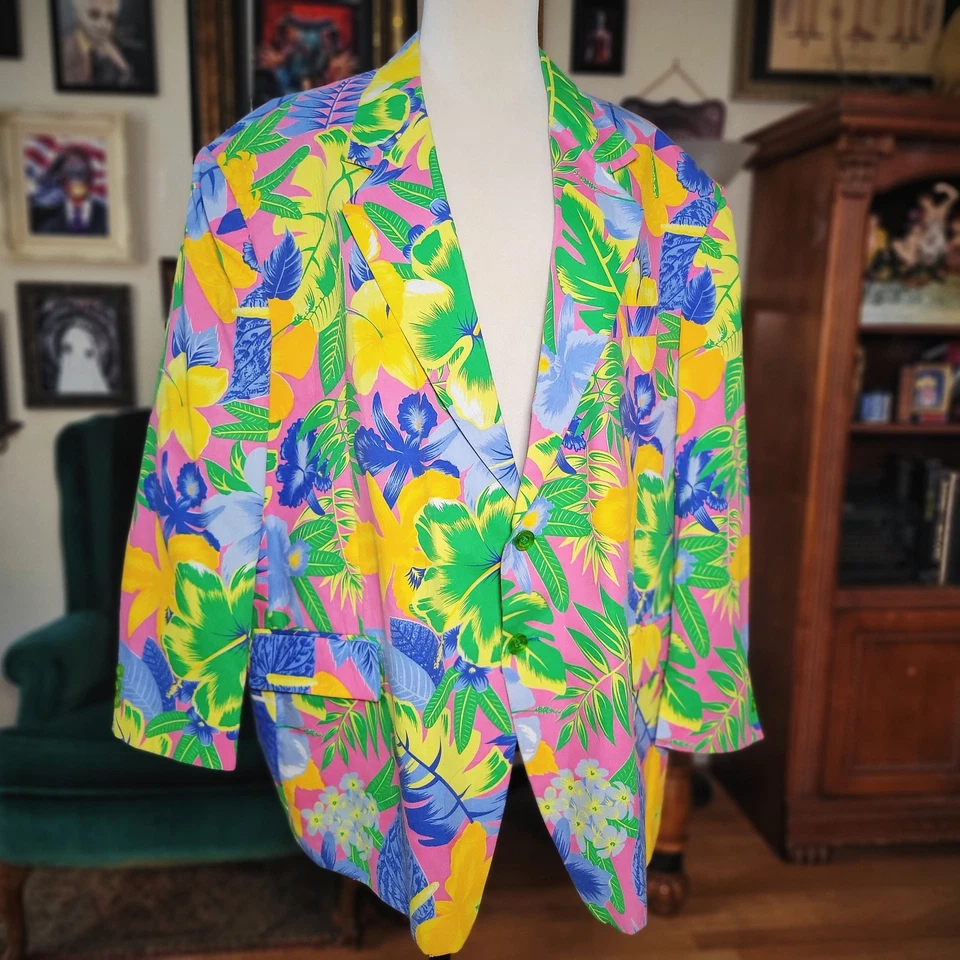 Blazer Tropical Vintage Años 80 CROWN SPORTS Multicolor Hawaiano Floral XL Foto 2 de 4