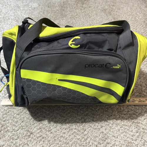 PUMA Procat Duffel Bag Neon Yellow Gray Gym Travel Sports Shoulder Strap