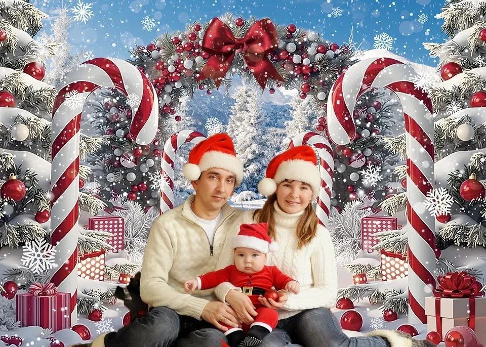 Merry Christmas Candy Cane Backdrop for Photography Winter Snow Scenery Chris... - Image 2 of 4
