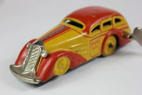 Vintage 1930’s MARX Tin Litho Wind Up 4.5" Yellow & Orange TRCKY TAXI w/ KEY