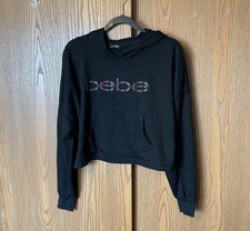 BEBE SPORT BLACK CROPPED MULTI-COLOR RHINESTONE PULLOVER HOODIE SIZE L
