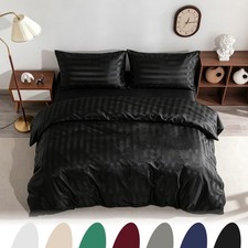 3 Piece Italian Satin Stripe Duvet Cover Set, Silky Super Soft, Hidden Zipper