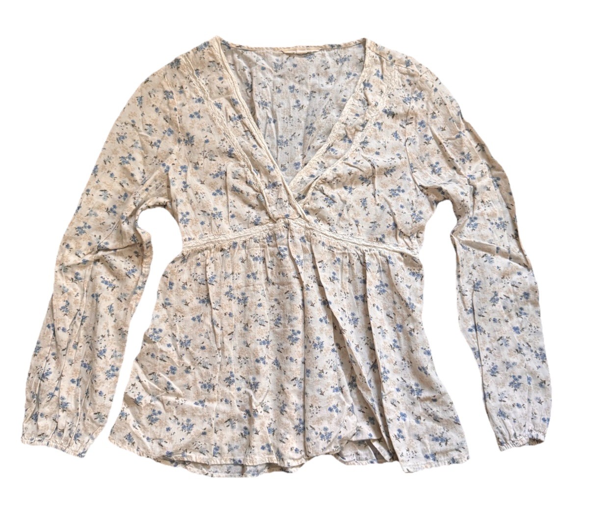 Lucky Brand Blouse Womens Med Boho Peasant Peplum Ditsy Floral Dot Tie Front