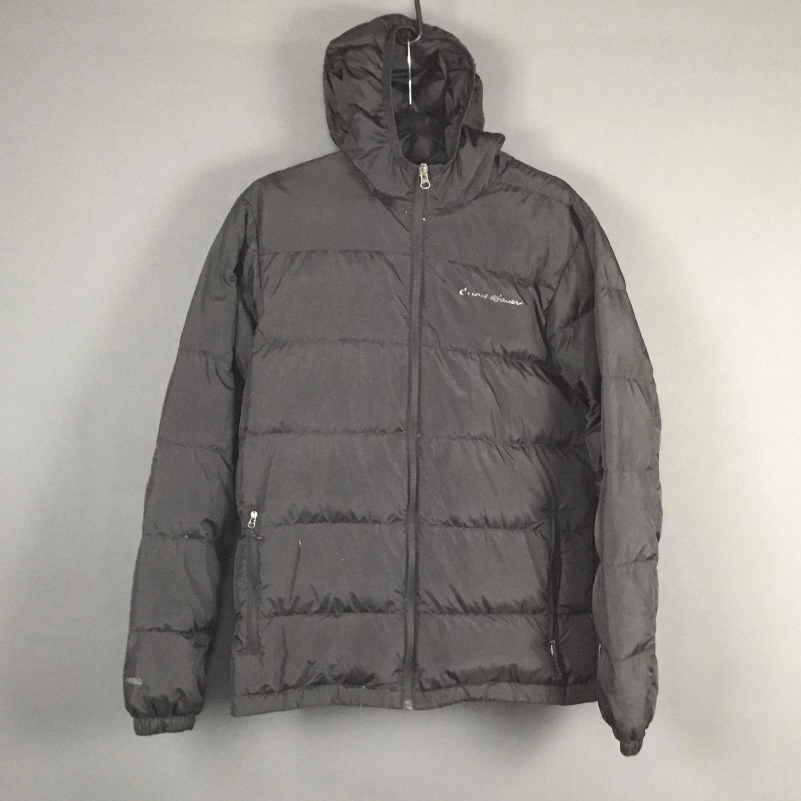 Eddie Bauer Jacket Mens Medium Black EB650 650 Down Hooded Puffer Zip Pockets