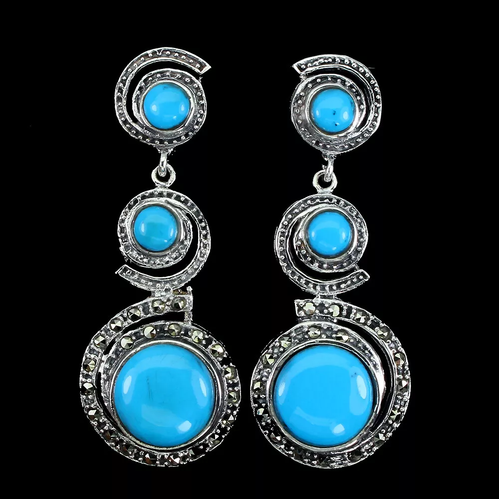Round Blue Turquoise 12mm Marcasite 925 Sterling Silver Earrings