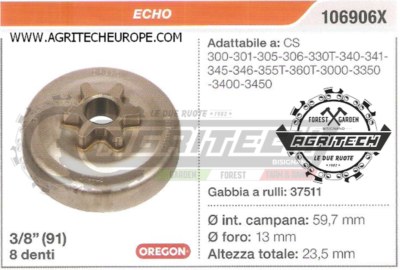 Pignone Catena Motosega Echo 3/8″ 6 Denti – Ricambio Originale 360029 Per CS3000/3400/3450