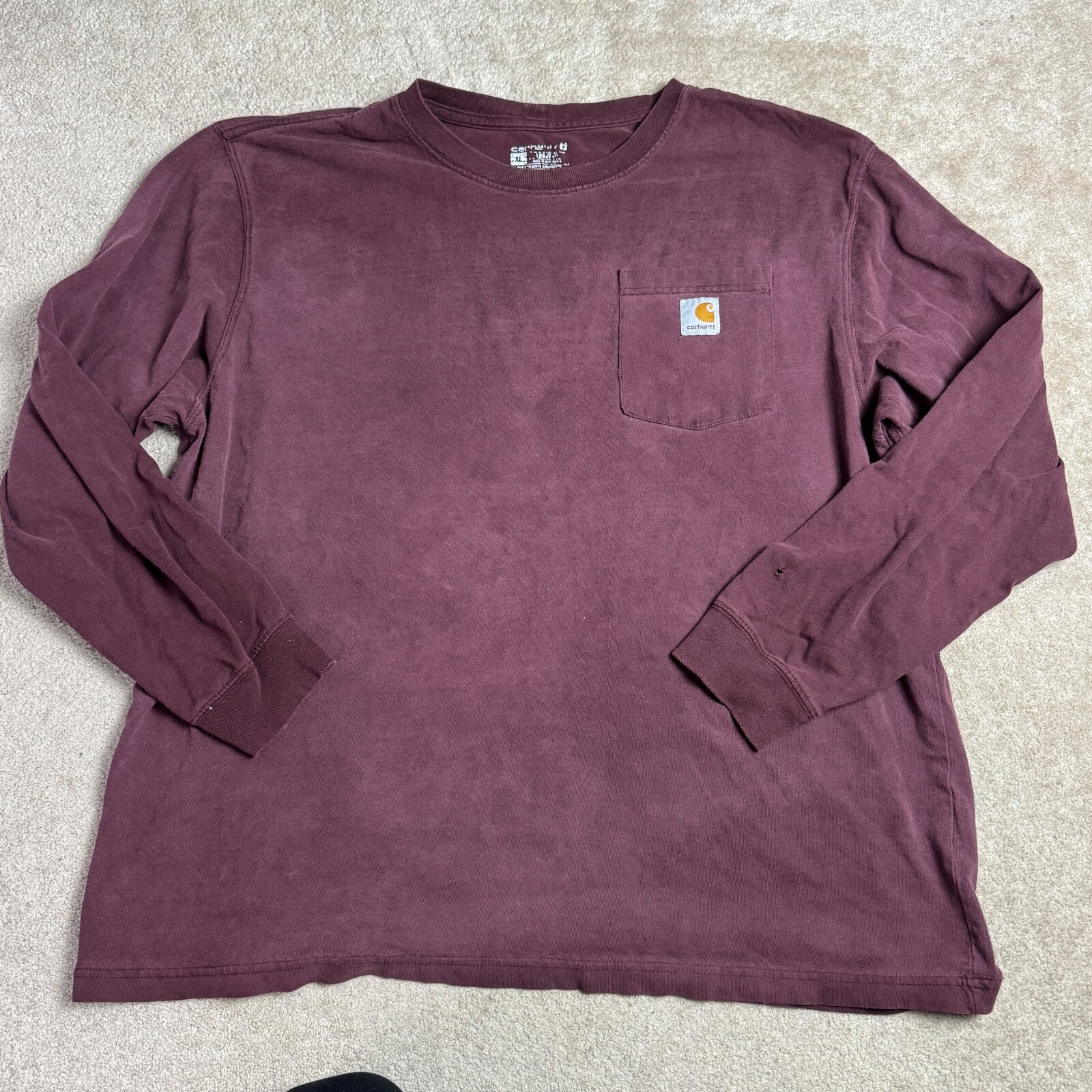 Carhartt Mens XL Long Sleeve Pocket Tee T Shirt Workwear Faded Maroon HOLE