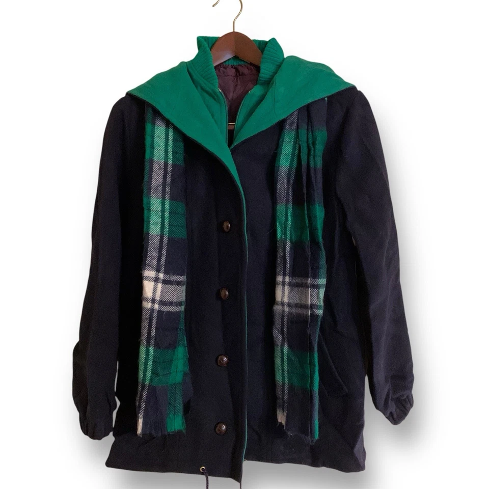 Винтажный размер 8 синий зеленый шерсти с капюшоном жилет клетку шарф пальто парка Пингвин M Lyman - Изображение 2 из 4