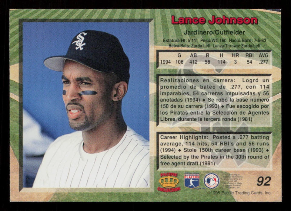 1995 Pacific Lance Johnson #92 Chicago White Sox Baseball Card - Image 2 of 2