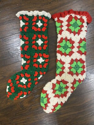 VTG Lot Of 2 Crochet Red & Green Christmas Stockings Granny Squares Core