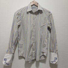 Robert Graham Flip French Cuffs Blue Yellow Stripe Men's Shirt Sz L 16.5