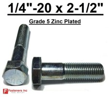 1/4-20 x 2-1/2" PT Hex Bolt Zinc Plated Grade 5 Cap Screw Coarse Thread