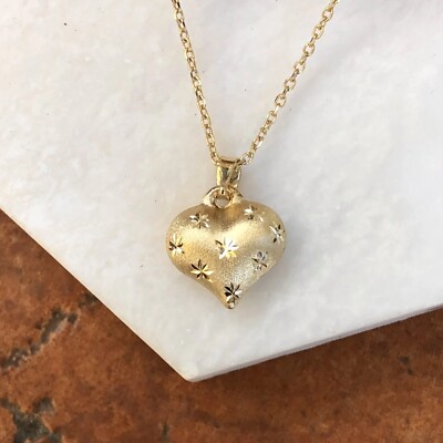 14KT Gelbgold 3D Hohl Satin Diamantgeschliffen Strukturiertes Herz Anhänger Charm KLEIN