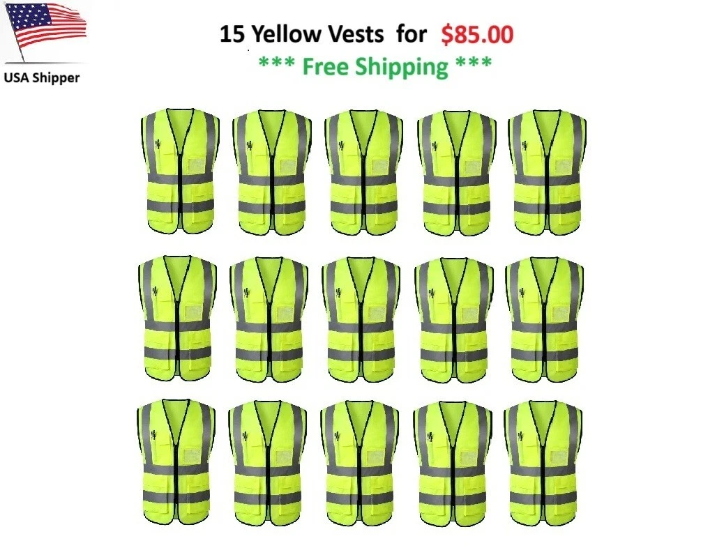 15    Five Pocket Yellow  High Visibility Class 2  Zipper Safety Vest image 1