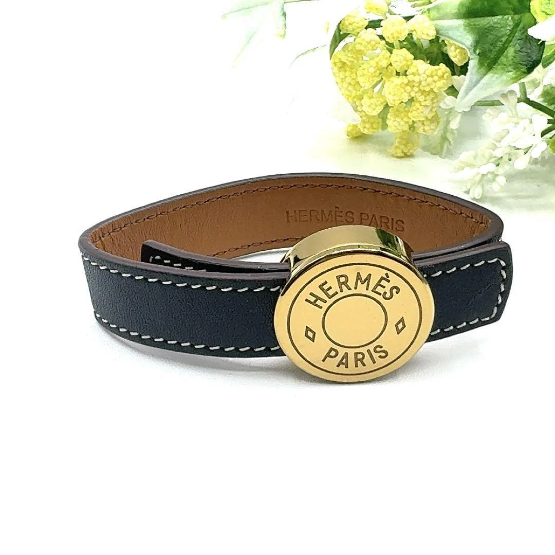 HERMÈS Hermes Braccialetto Serie Bracciale Pelle Nero Oro Inciso Dal Giappone