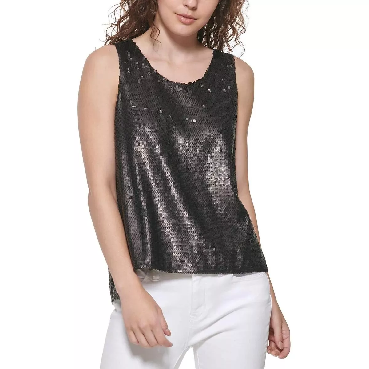 DKNY Women s Black Sequined Sleeveless Night Out Tank Top Size