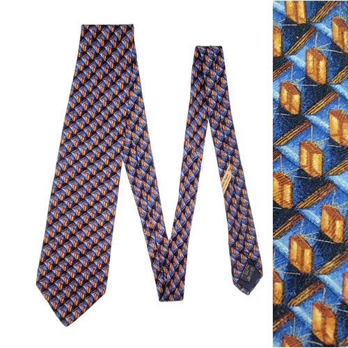 Lot De 4 Cravates Vintage Homme 100% Soie – Motifs Bleu Et Jaune – Marque Manhattan – Occasion