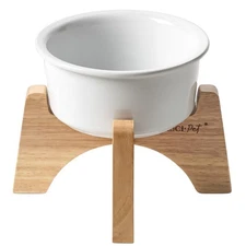 Raised Ceramic Dog Bowl with Wooden Stand 6.5 Inch Elevated Feeder for Small ...