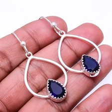 Blue Sapphire Simulated 925 Sterling Silver Handmade Earring 1.95" E942324551