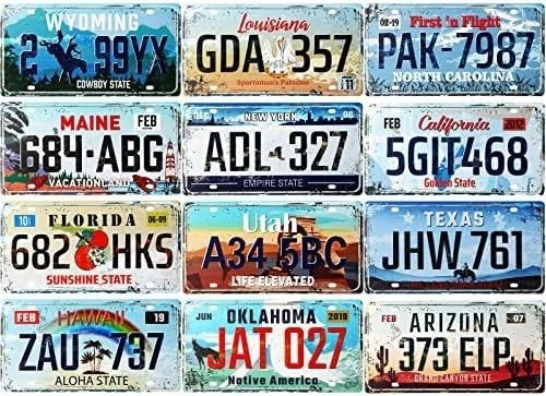 12 Vintage State License Plates - Wall Decor - Tin Signs - NEW