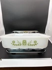 Vintage Glasbake Milk Glass Casserole Dish Ornate SilverToned Handles MidCentury