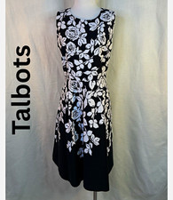 Talbots Black White Floral Sleeveless Fit Flare Dress Rose Print Classic Midi 12