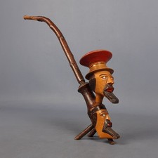 Pipa Scultura Legno Intagliato 2 Teste Figure Dipinte Folk Art Vintage Anni 60