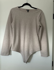 Express Women s Beige Body Contour Long Sleeve Bodysuit L Stretch Opaque