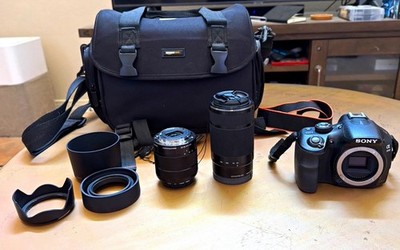 Sony a3000 Camera Accessory Bundle w/ 2 Lenses, Lens Hoods, Strap & Black Bag