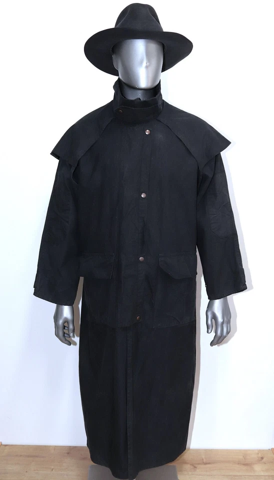 Manteau Cache Poussière Noir Riding Coat Toile Cirée STOCKMAN Sz L Made in Fidji - Photo 2/4