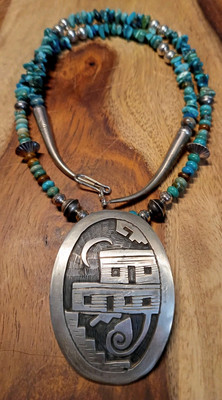 Sterling Silver HOPI Overlay Pendant Bench Bead Turquiose Necklace Sgn Birdpicto