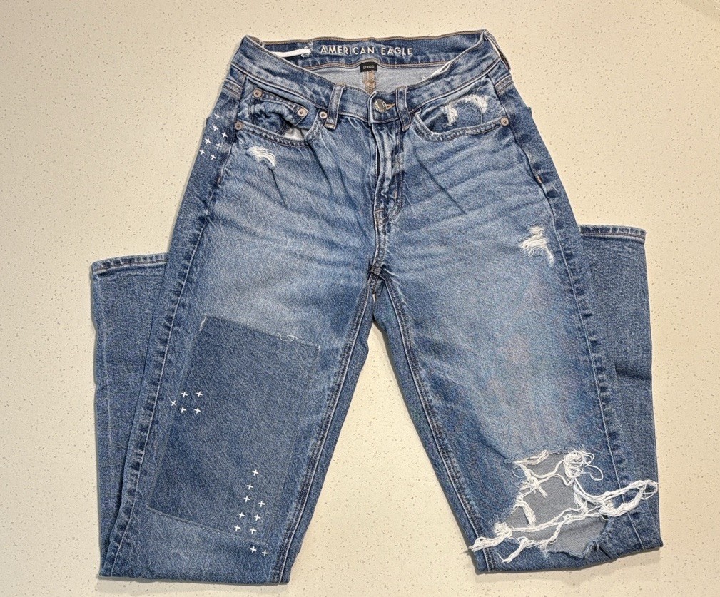 American Eagle Distressed Patchwork Straight Jean… - image 1